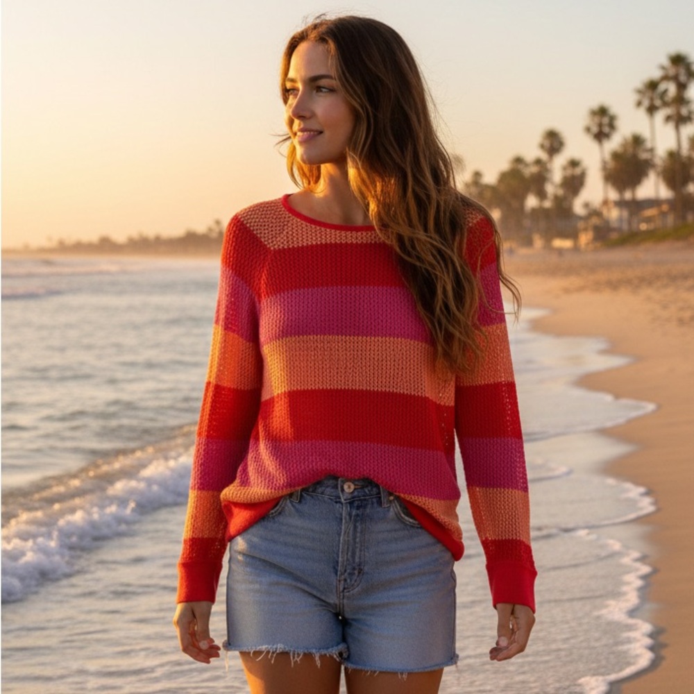 525 America Orange Pink Colorblock Crochet Open Knit Pullover Sweater Tunic MED
